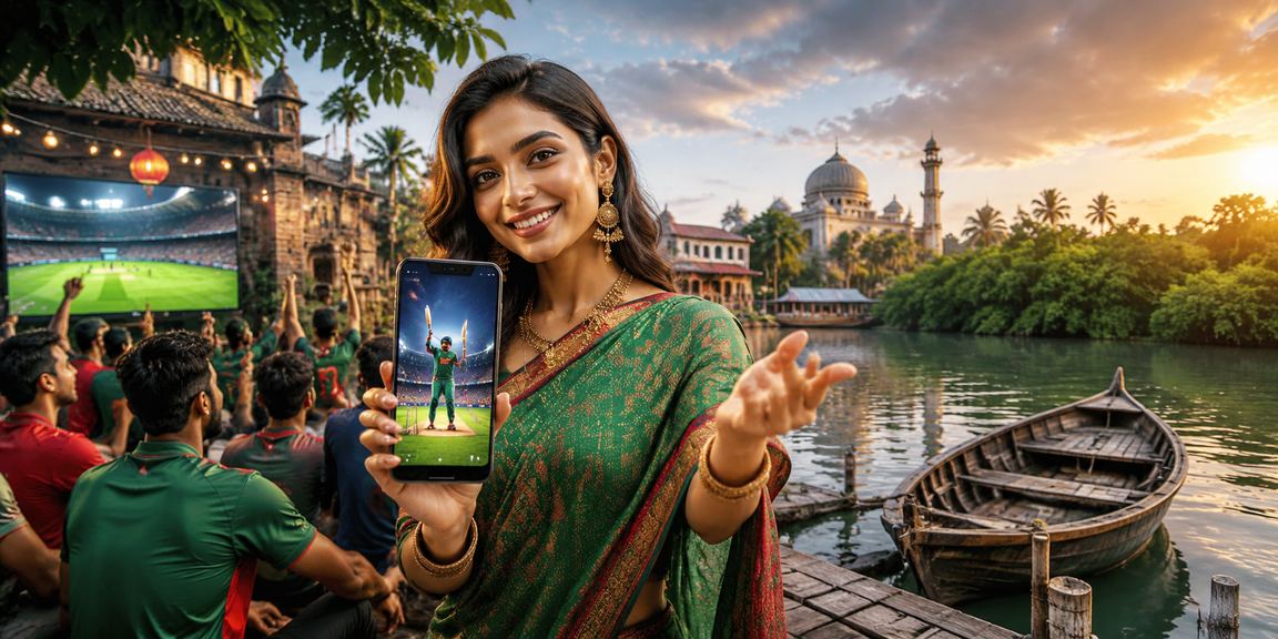 Cricket betting scene in the Sundarbans region with a Bangladeshi model